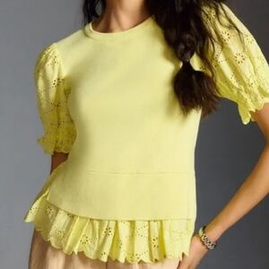 ANTHROPOLOGIE Yellow Eyelet Puff  Sleeve Sweater Shirt/ Tee Size Large NWT